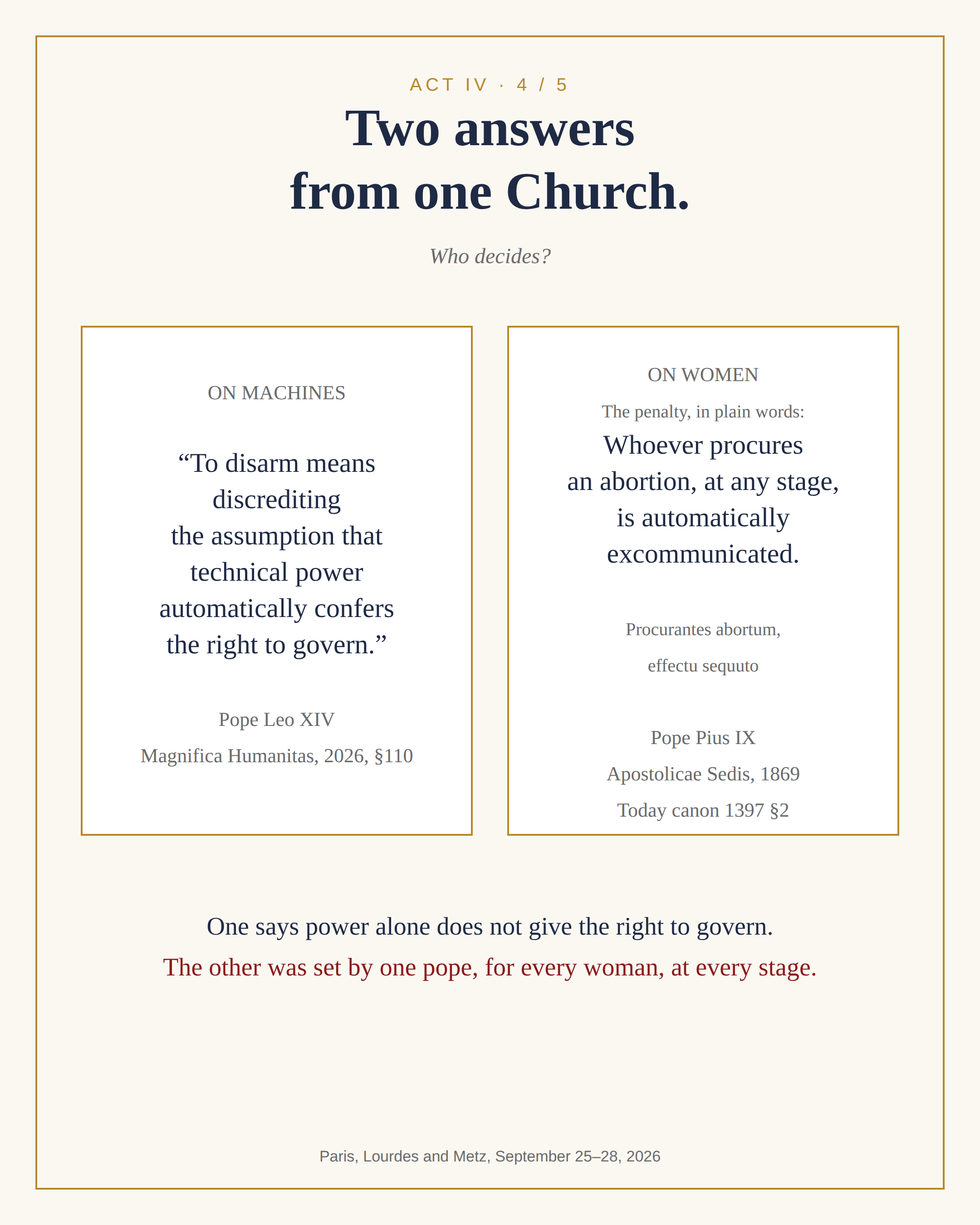Act IV. Two answers from one Church. Who decides? On machines, Pope Leo XIV, Magnifica Humanitas 110, 2026: to disarm means discrediting the assumption that technical power automatically confers the right to govern. On women, the penalty in plain words, Pope Pius IX, Apostolicae Sedis, 1869, today canon 1397 §2: whoever procures an abortion, at any stage, is automatically excommunicated. One says power alone does not give the right to govern; the other was set by one pope, for every woman, at every stage.